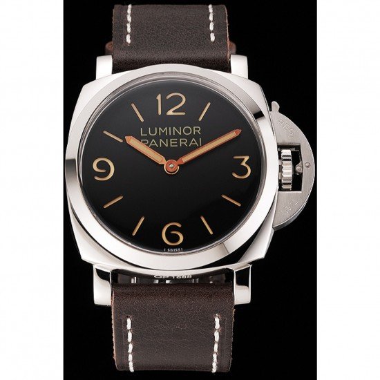 Swiss Panerai Luminor Black Dial Stainless Steel Case Brown Leather Strap 1453854