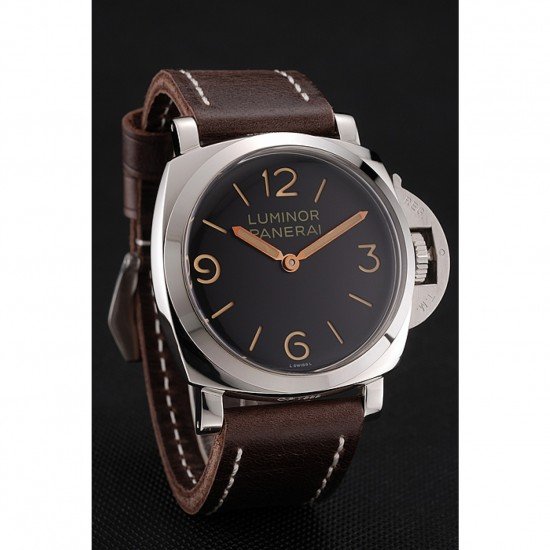 Swiss Panerai Luminor Black Dial Stainless Steel Case Brown Leather Strap 1453854