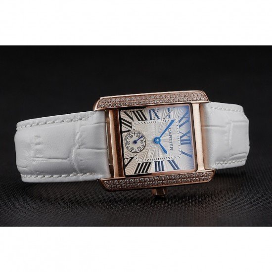 Cartier Tank MC Gold Diamond Case White Dial White Leather Strap 622169