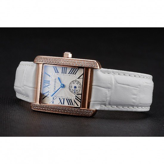 Cartier Tank MC Gold Diamond Case White Dial White Leather Strap 622169