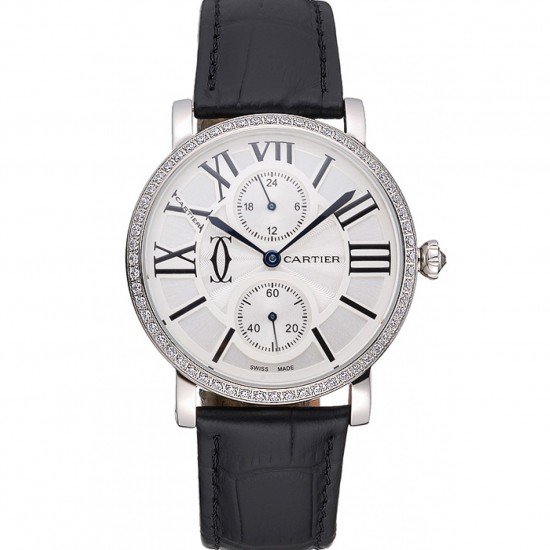 Cartier Ronde Second Time Zone White Dial Stainless Steel Case With Diamonds Black Leather Strap 622804