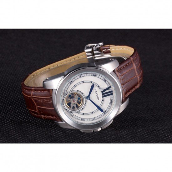 Cartier Calibre Flying Tourbillon White Dial Stainless Steel Case Brown Leather Bracelet