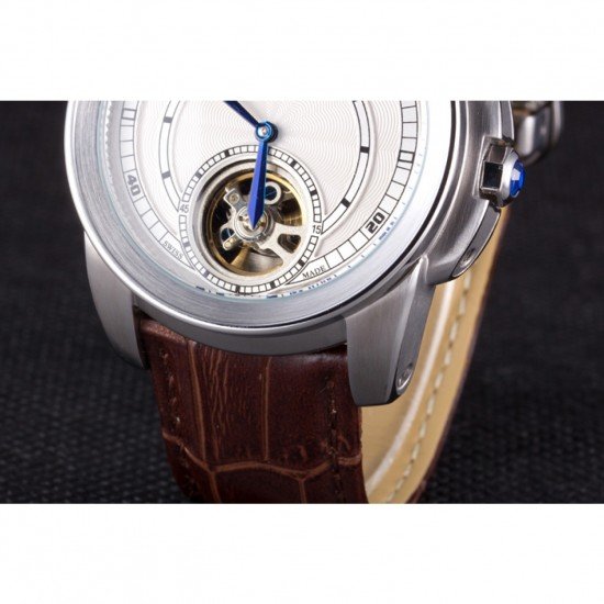 Cartier Calibre Flying Tourbillon White Dial Stainless Steel Case Brown Leather Bracelet