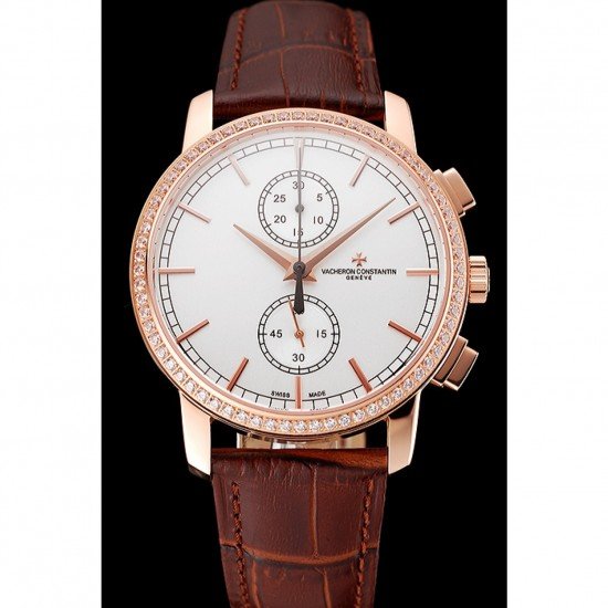 Swiss Vacheron Constantin Patrimony Traditionnelle Chronograph White Dial Diamond Bezel Rose Gold Case Brown Leather Strap 1453764