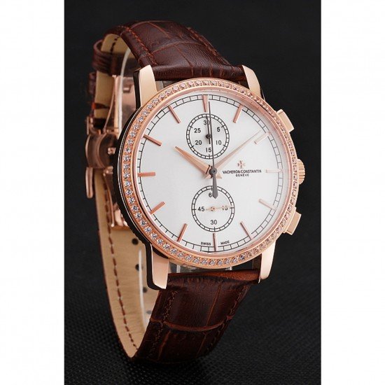 Swiss Vacheron Constantin Patrimony Traditionnelle Chronograph White Dial Diamond Bezel Rose Gold Case Brown Leather Strap 1453764