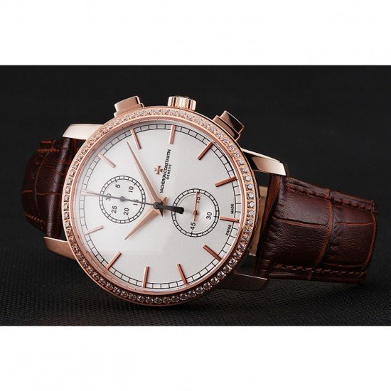 Swiss Vacheron Constantin Patrimony Traditionnelle Chronograph White Dial Diamond Bezel Rose Gold Case Brown Leather Strap 1453764