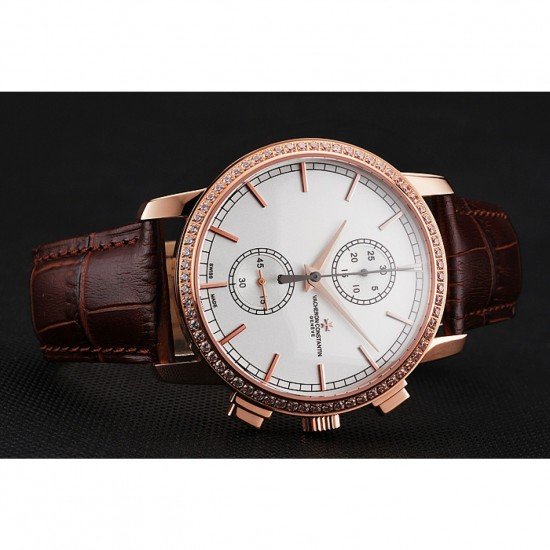 Swiss Vacheron Constantin Patrimony Traditionnelle Chronograph White Dial Diamond Bezel Rose Gold Case Brown Leather Strap 1453764