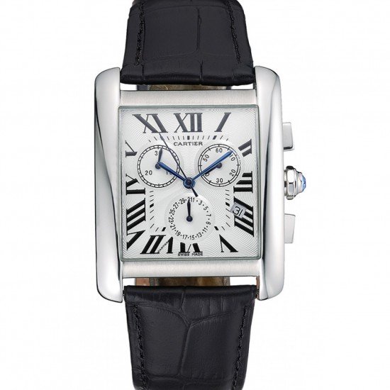 Cartier Tank MC White Dial Stainless Steel Case Black Leather Bracelet 622689