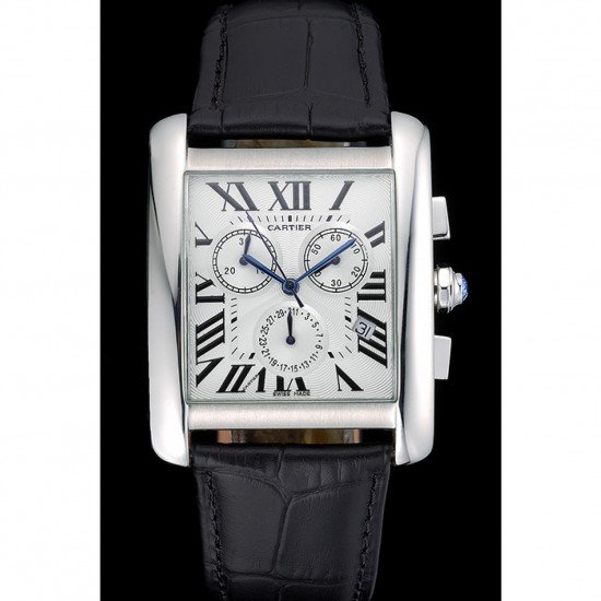 Cartier Tank MC White Dial Stainless Steel Case Black Leather Bracelet 622689