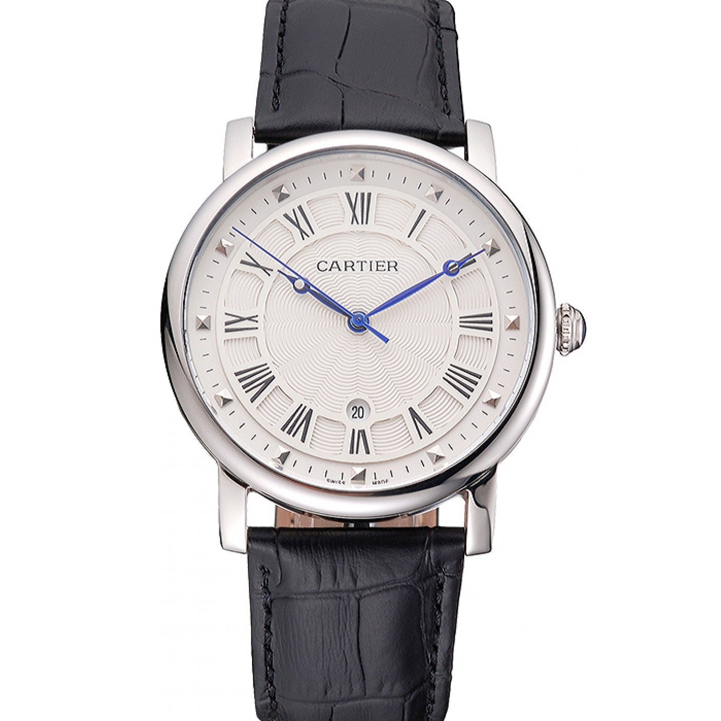Cartier Rotonde Date White Dial Stainless Steel Case Black Leather Strap