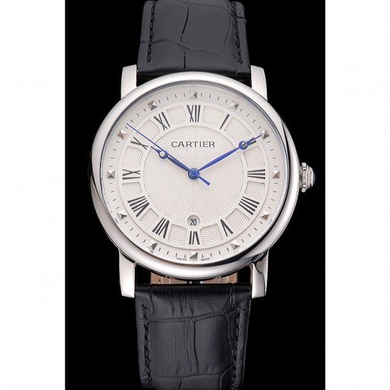 Cartier Rotonde Date White Dial Stainless Steel Case Black Leather Strap