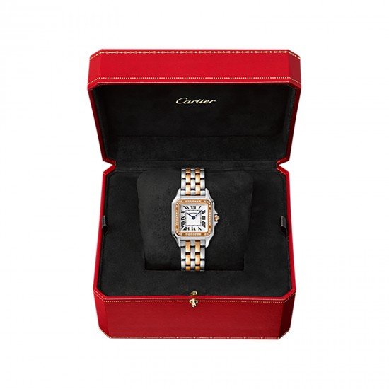Swiss Panthère de Cartier watch, Medium model, rose gold and steel, diamonds