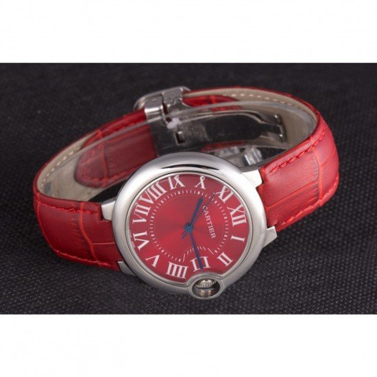 Cartier Ballon Bleu Silver Bezel with Red Dial and Red Leather Band 621556