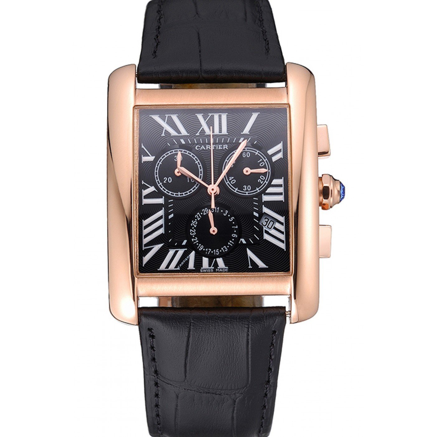 Cartier Tank MC Black Dial Gold Case Black Leather Bracelet 622694