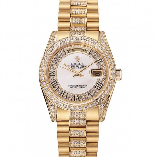 Swiss Rolex Day-Date Diamond Pave White Dial Gold Diamond Bracelet 1453958