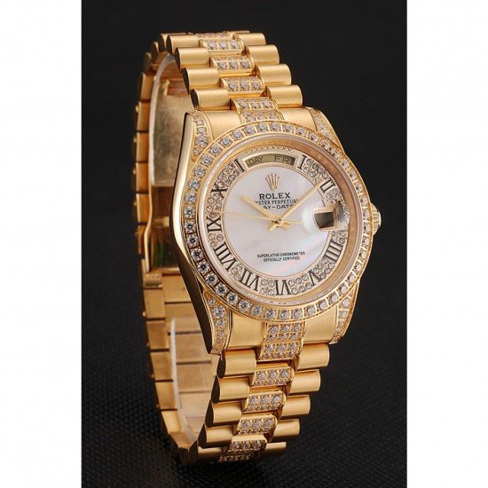 Swiss Rolex Day-Date Diamond Pave White Dial Gold Diamond Bracelet 1453958