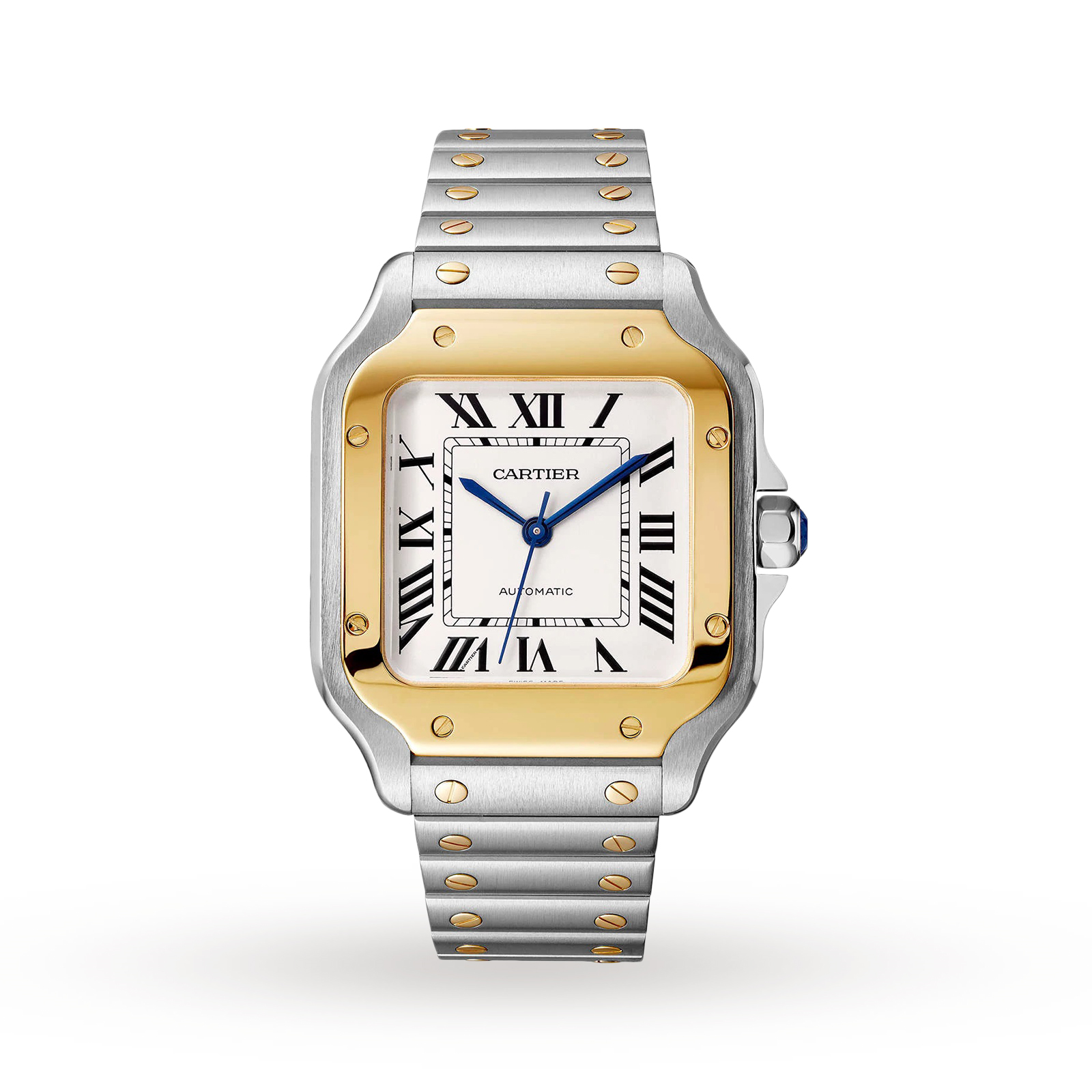 Swiss Santos de Cartier watch, Medium model, automatic, yellow gold and steel, interchangeable metal and leather bracelets