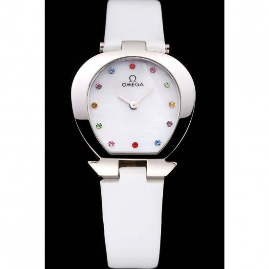 Omega Ladies Watch White Dial With Jewels Stainless Steel Case White Leather Strap 622817