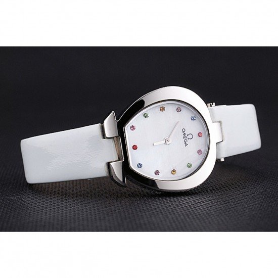 Omega Ladies Watch White Dial With Jewels Stainless Steel Case White Leather Strap 622817