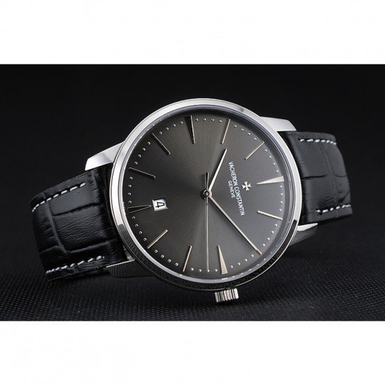Swiss Vacheron Constantin Patrimony Grey Dial Silver Case Black Leather Bracelet 1454160