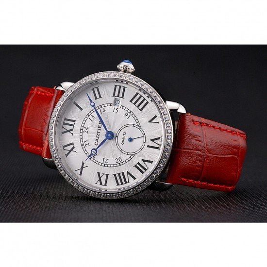 Cartier Ronde Louis Cartier White Dial Stainless Steel Case Diamond Bezel Red Leather Strap