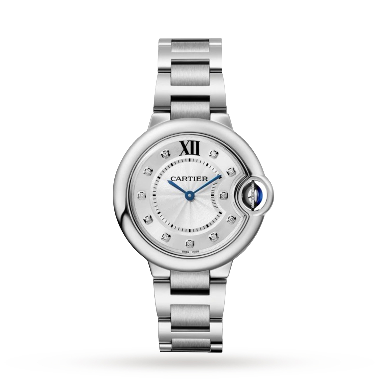 Swiss Ballon Bleu de Cartier watch, 33 mm, steel, diamonds