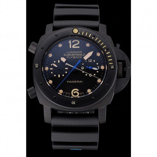 Panerai Luminor Submersible Flyback GMT Black Dial Yellow Markings Black Ionized Case Black Rubber Strap
