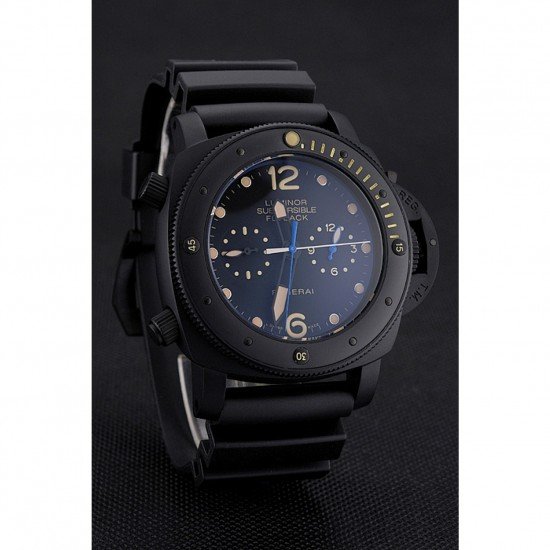 Panerai Luminor Submersible Flyback GMT Black Dial Yellow Markings Black Ionized Case Black Rubber Strap
