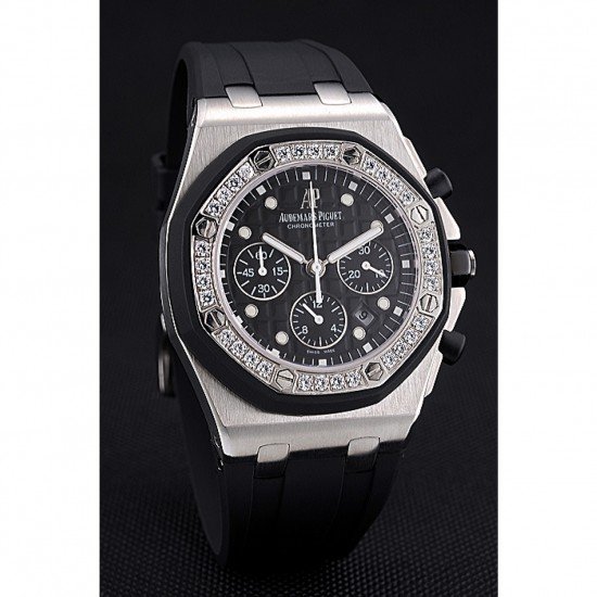 Swiss Audemars Piguet Royal Oak Chronometer Black Dial Diamond Bezel Stainless Steel Case Black Rubber Strap 622867