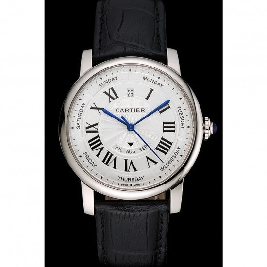 Swiss Cartier Rotonde Annual Calendar White Dial Stainless Steel Case Black Leather Strap