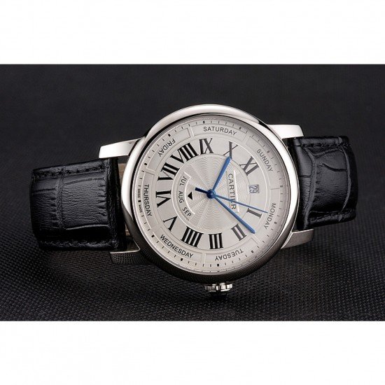 Swiss Cartier Rotonde Annual Calendar White Dial Stainless Steel Case Black Leather Strap