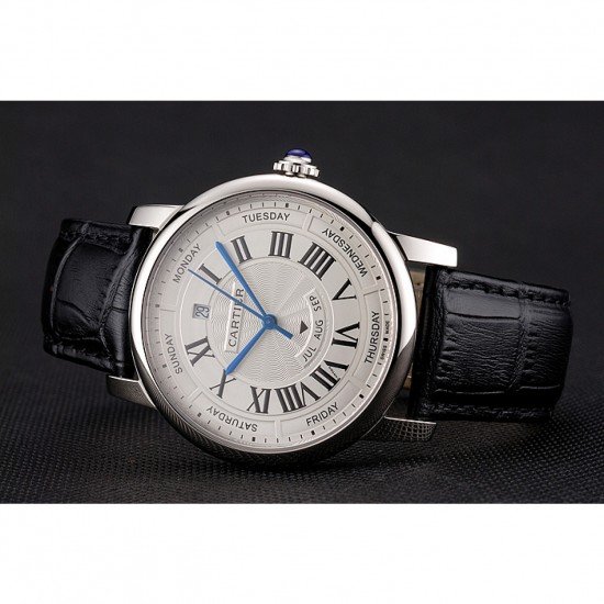 Swiss Cartier Rotonde Annual Calendar White Dial Stainless Steel Case Black Leather Strap