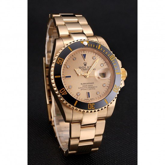 Swiss Rolex Submariner Gold Dial With Diamond Markings Black Bezel Yellow Gold Case And Bracelet