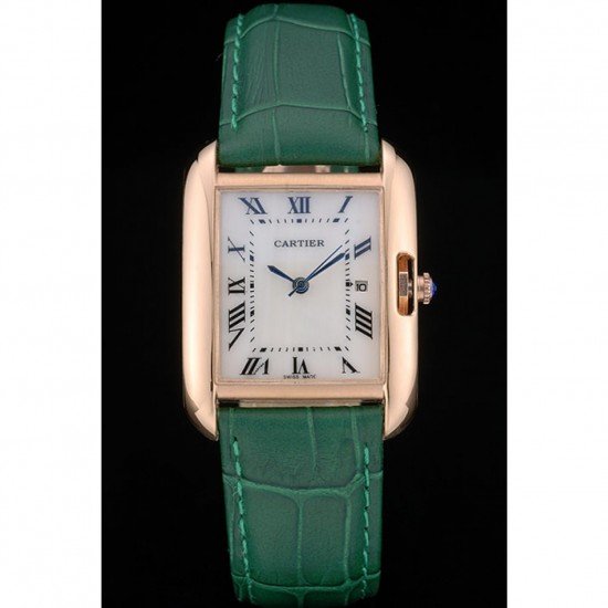 Cartier Tank Anglaise 30mm White Dial Gold Case Green Leather Bracelet