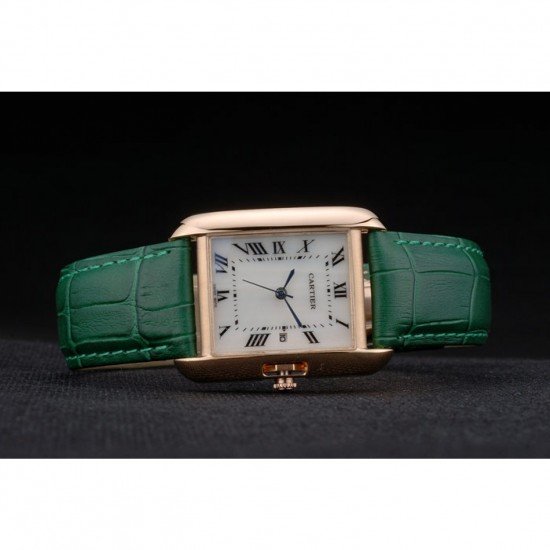 Cartier Tank Anglaise 30mm White Dial Gold Case Green Leather Bracelet