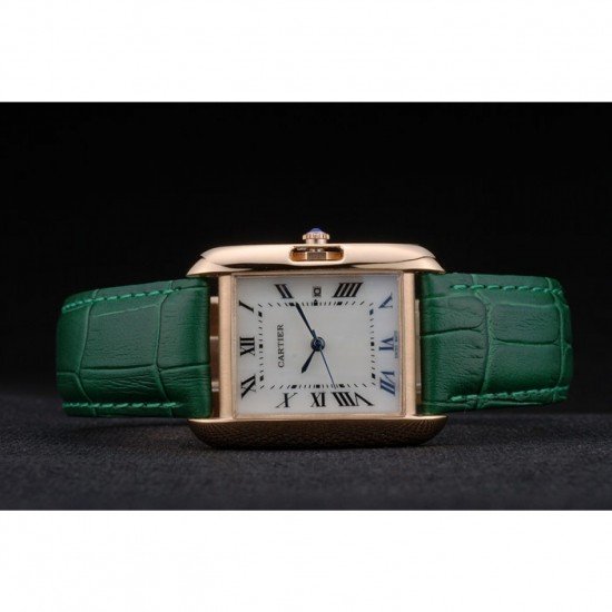 Cartier Tank Anglaise 30mm White Dial Gold Case Green Leather Bracelet