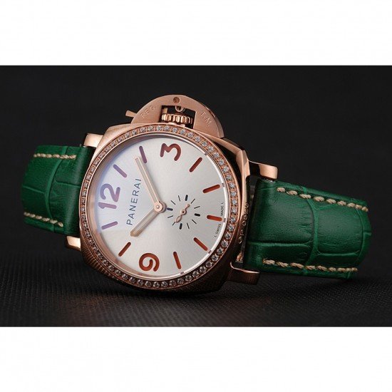 Panerai Radiomir White Dial Diamond Bezel Rose Gold Case Green Leather Strap 1453803