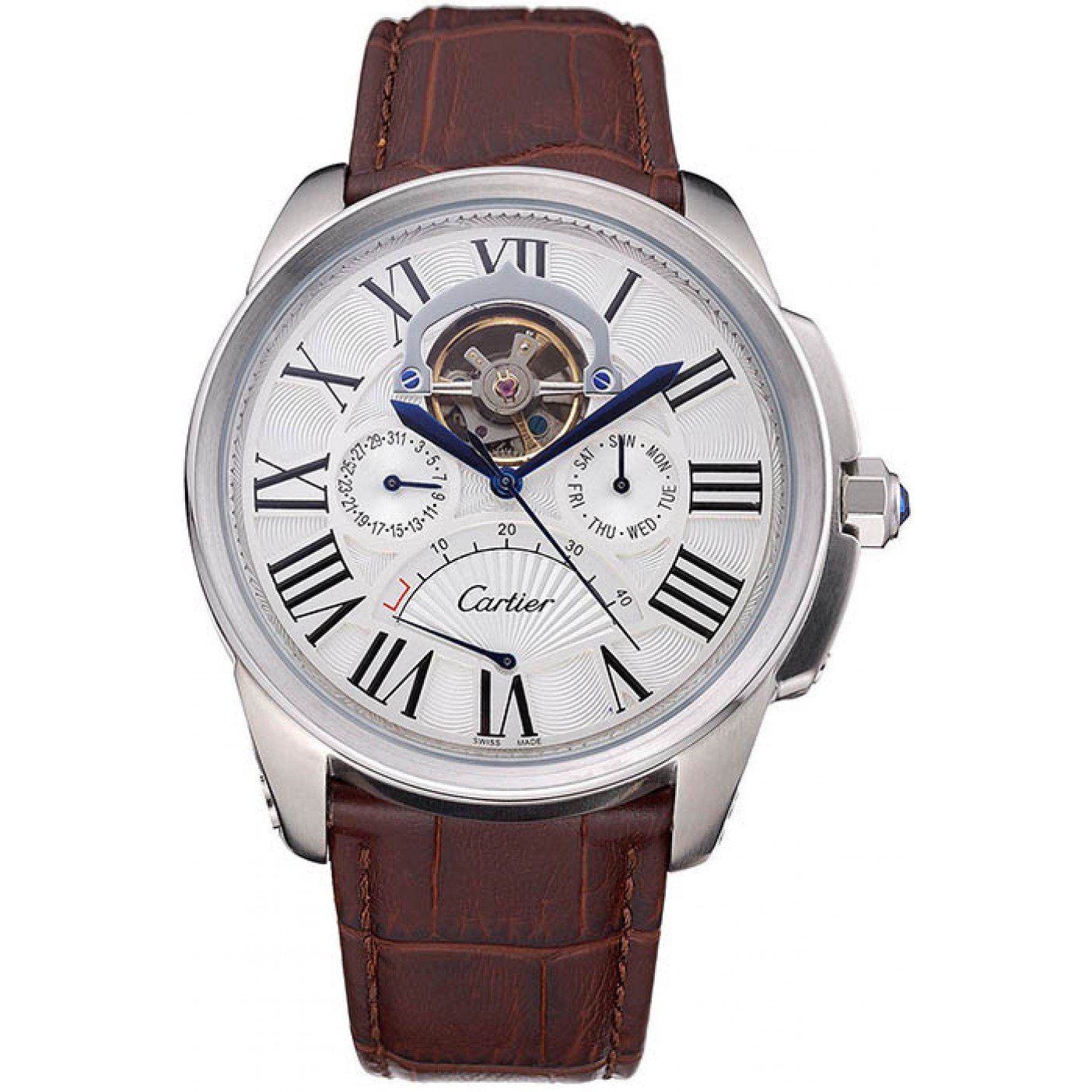 Cartier Calibre Tourbillon White Dial Stainless Steel Case Brown Leather Strap 622750