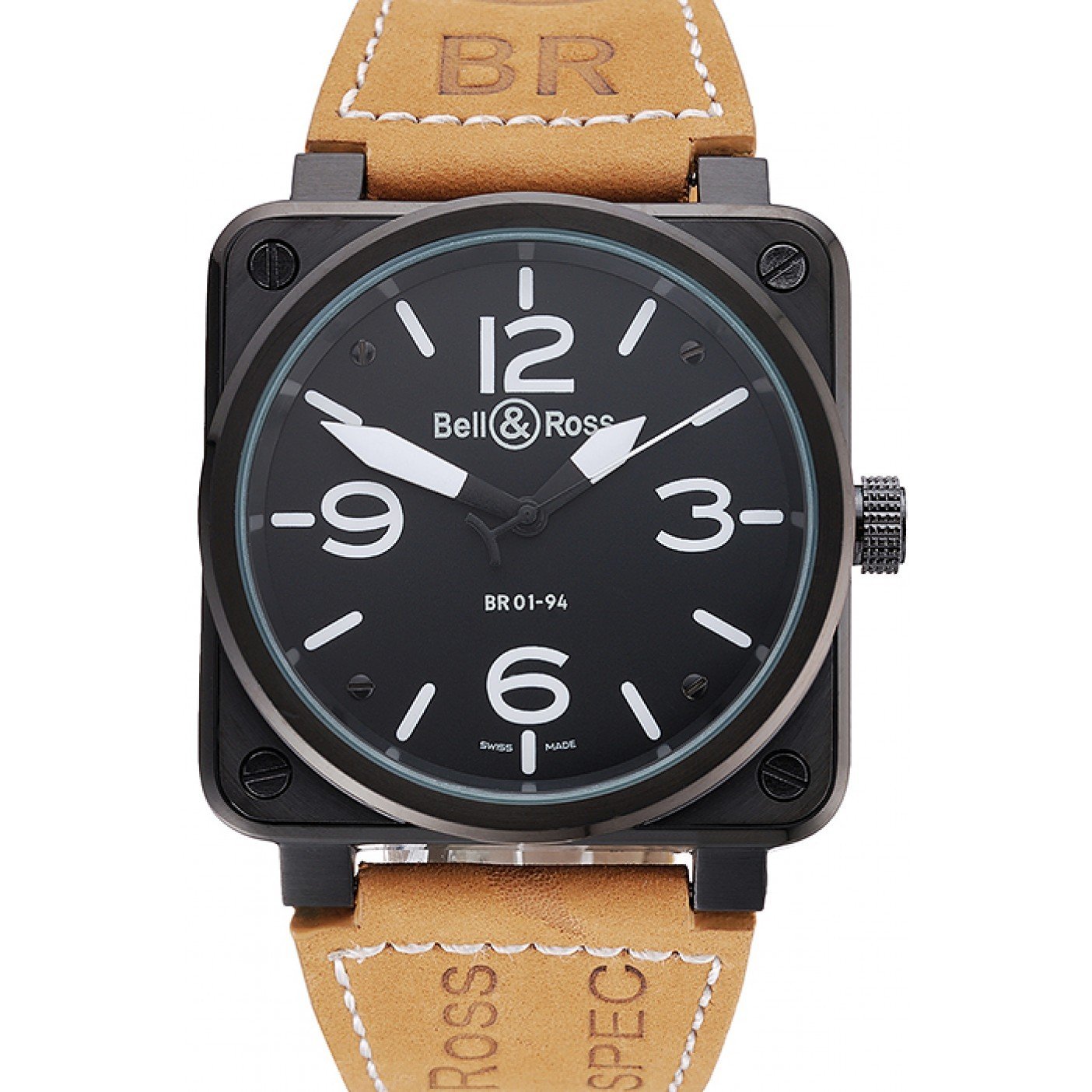 Bell and Ross BR 01-94 Black Dial Black Case Brown Leather Strap