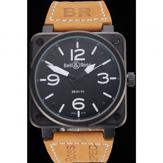 Bell and Ross BR 01-94 Black Dial Black Case Brown Leather Strap