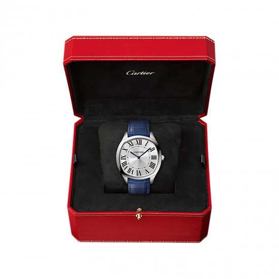 Swiss Drive de Cartier Extra-Flat watch, Steel, leather