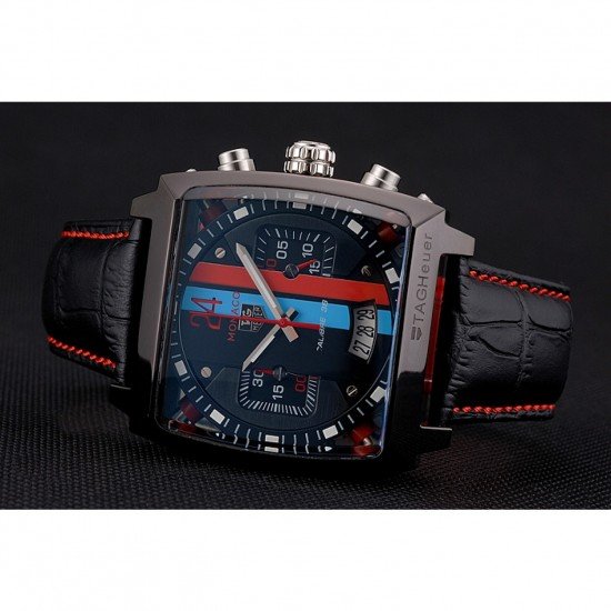 Tag Heuer Monaco Calibre 36 Blue And Red Dial Stripes Dial Black Leather Strap 622272