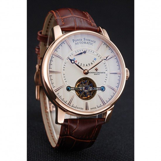 Vacheron Constantin Tourbillion Power Reserve White Dial Gold Case Brown Leather Bracelet 1454274