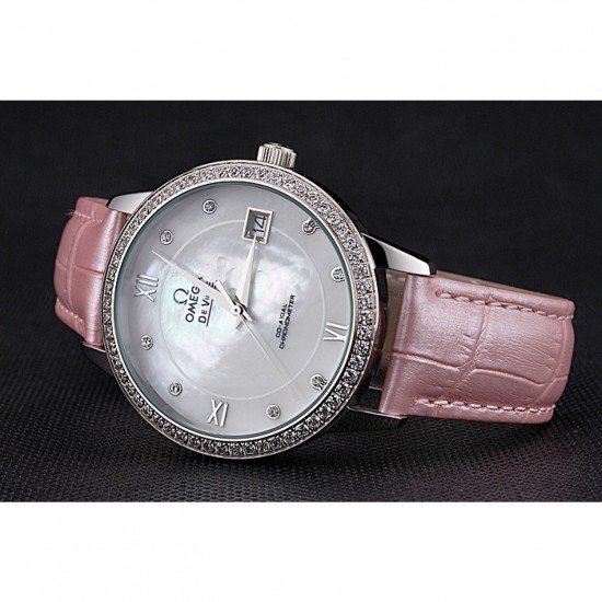 Omega DeVille Prestige Co-Axial Diamond Silver Case Mother-Of-Pearl Dial Pink Leather Strap