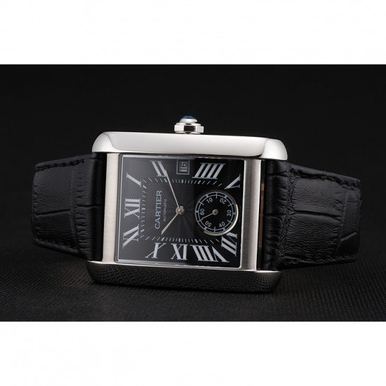 Swiss Cartier Tank MC Black Dial Stainless Steel Case Black Leather Strap