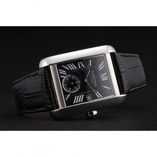 Swiss Cartier Tank MC Black Dial Stainless Steel Case Black Leather Strap