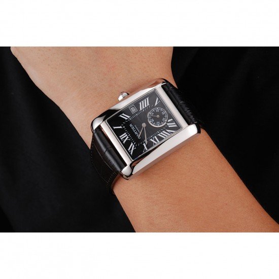 Swiss Cartier Tank MC Black Dial Stainless Steel Case Black Leather Strap