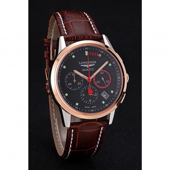 Longines Column Wheel Black Dial Two Tone Case Brown Leather Strap