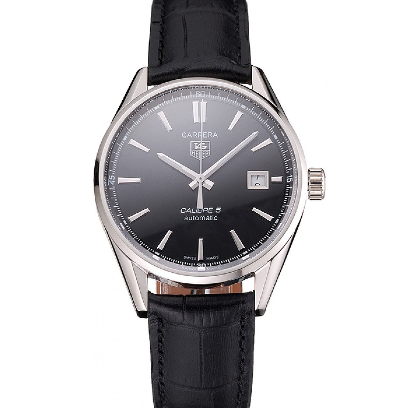 Swiss Tag Heuer Carrera Calibre 5 Black Dial Stainless Steel Case Black Leather Strap