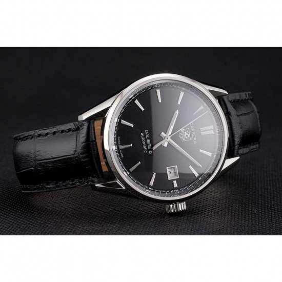 Swiss Tag Heuer Carrera Calibre 5 Black Dial Stainless Steel Case Black Leather Strap